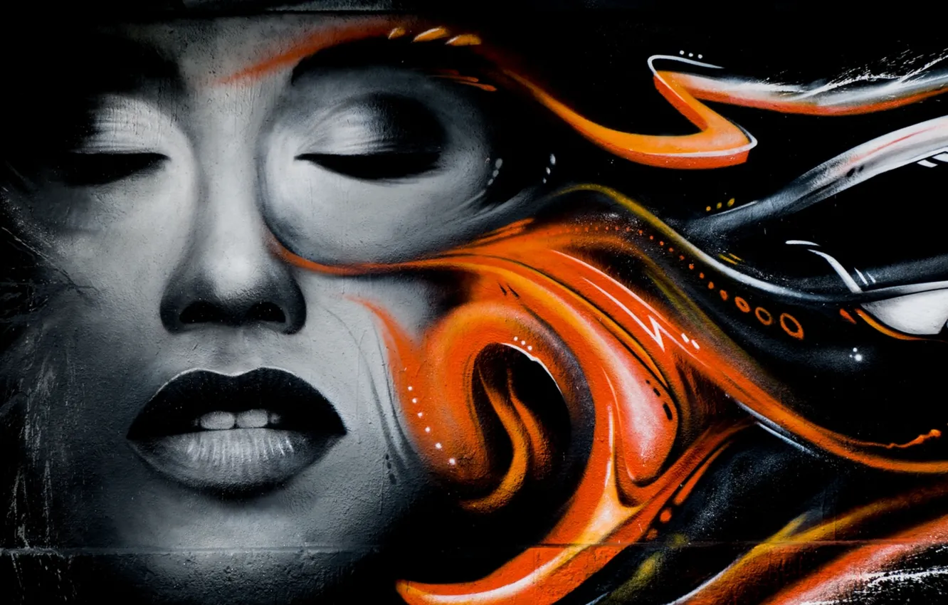 Photo wallpaper girl, face, wall, graffiti, figure