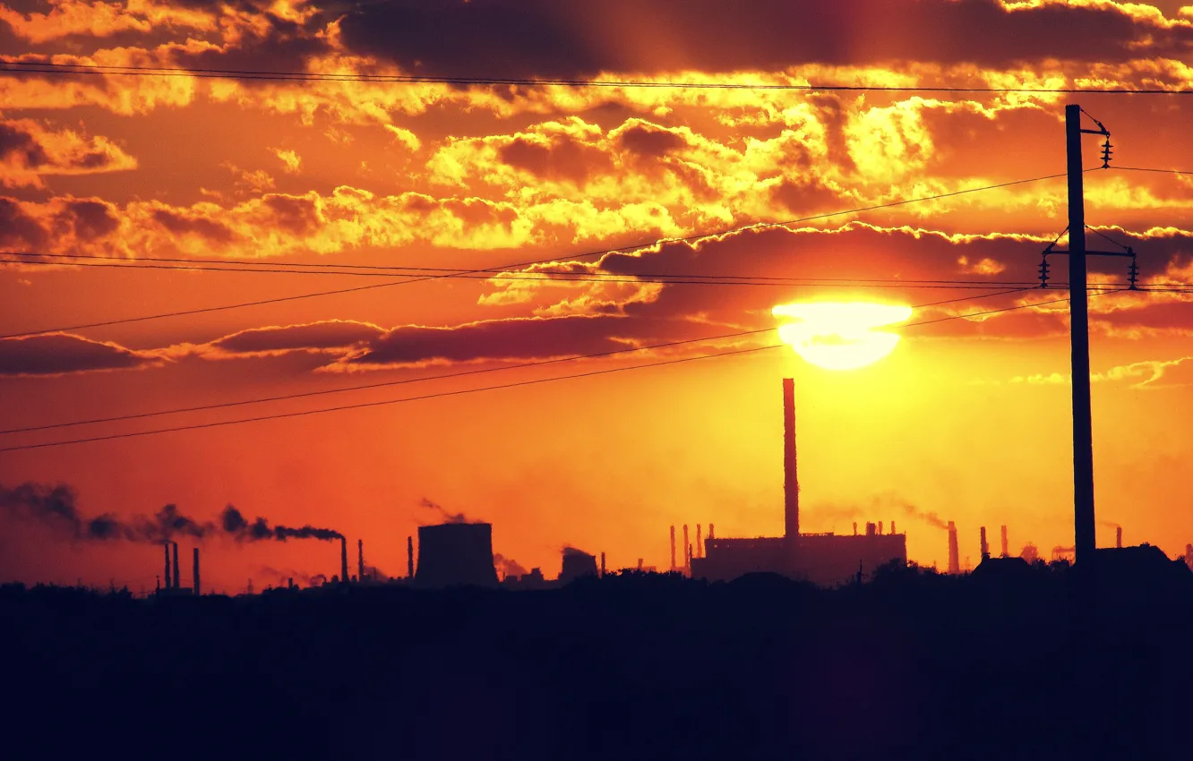 Photo wallpaper the sky, the sun, clouds, sunset, posts, plant, smoke, pipe