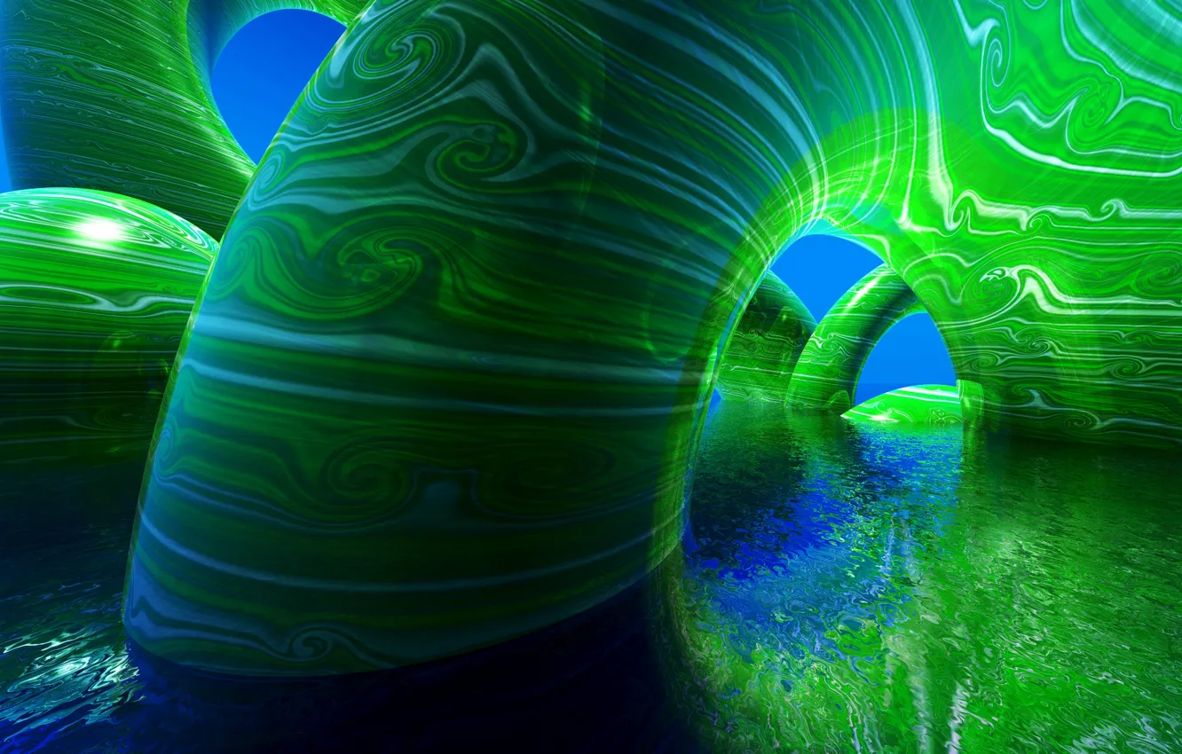 Photo wallpaper water, light, abstraction, green, graphics, divorce, arc, pipe