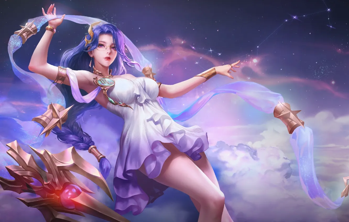 Photo wallpaper stars, clouds, staff, arena, constellation, white dress, beautiful girl, glasses