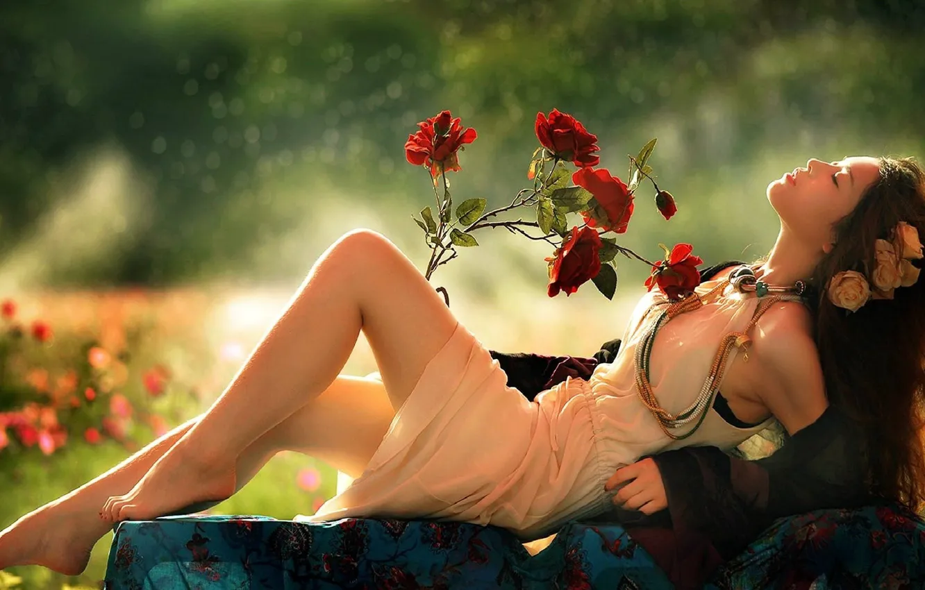 Photo wallpaper flowers, dress, brown hair, Asian