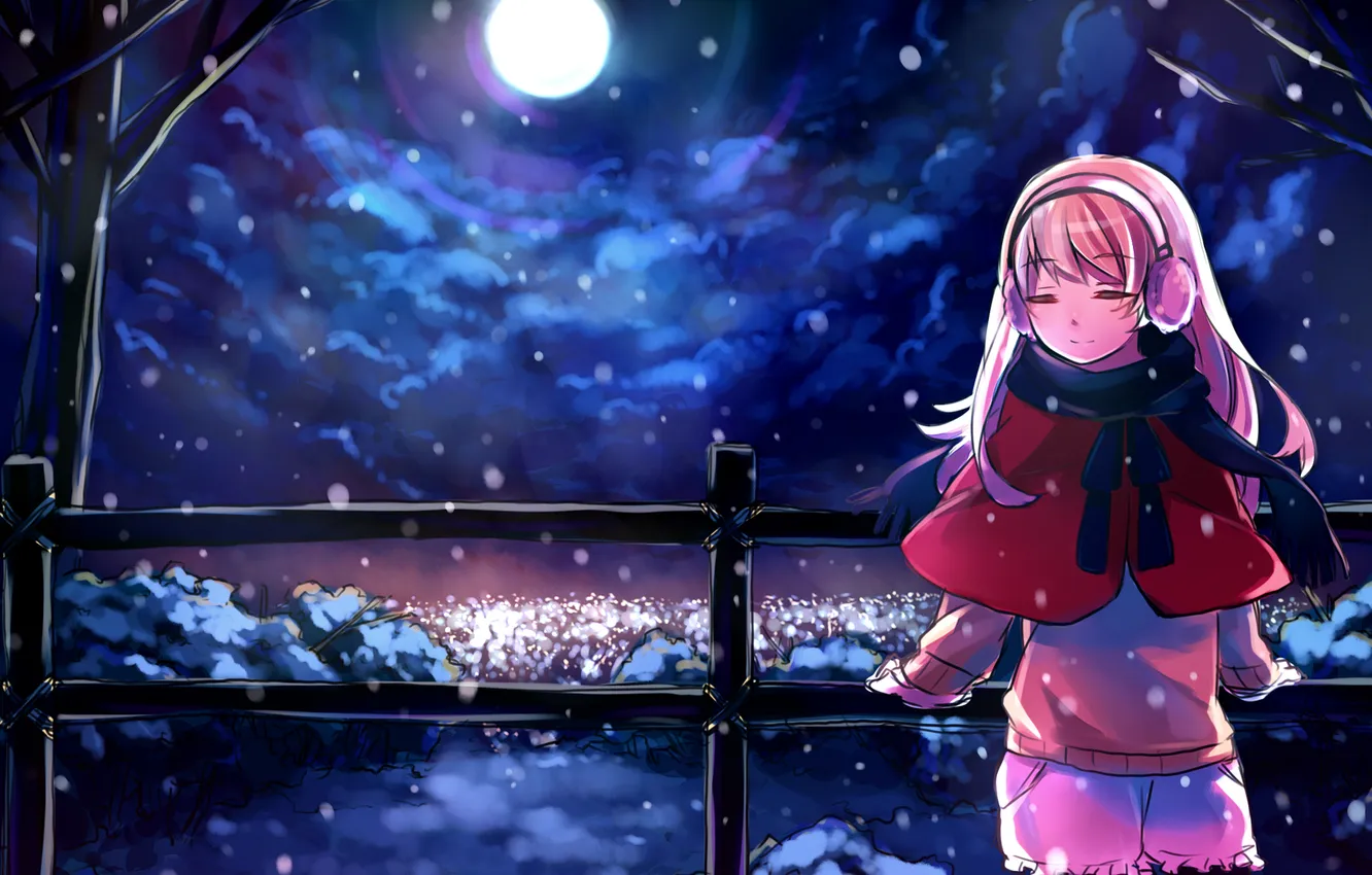 Photo wallpaper winter, the sky, girl, clouds, snow, snowflakes, night, nature