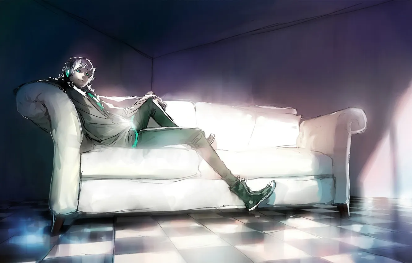 Photo wallpaper sofa, headphones, art, guy, lying, checkerboard, yuumei