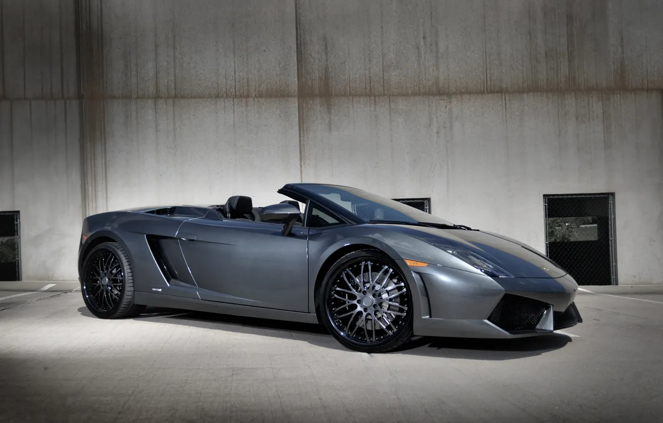 Photo wallpaper Lamborghini, Parking, Gallardo, convertible, side view, Lamborghini, Gallardo, silvery