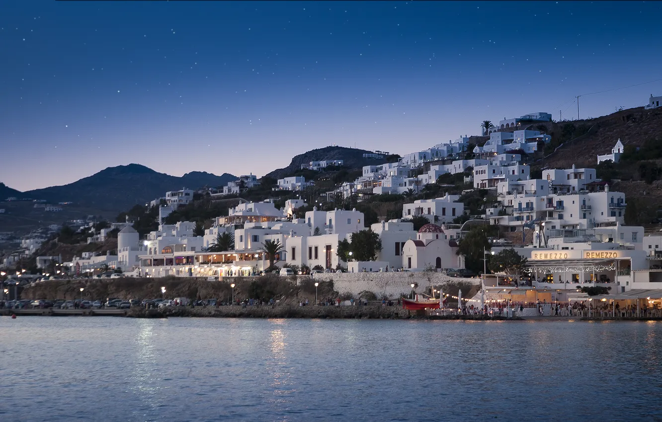 Photo wallpaper city, sea, night, Greek, Mykonos, Mediterranean