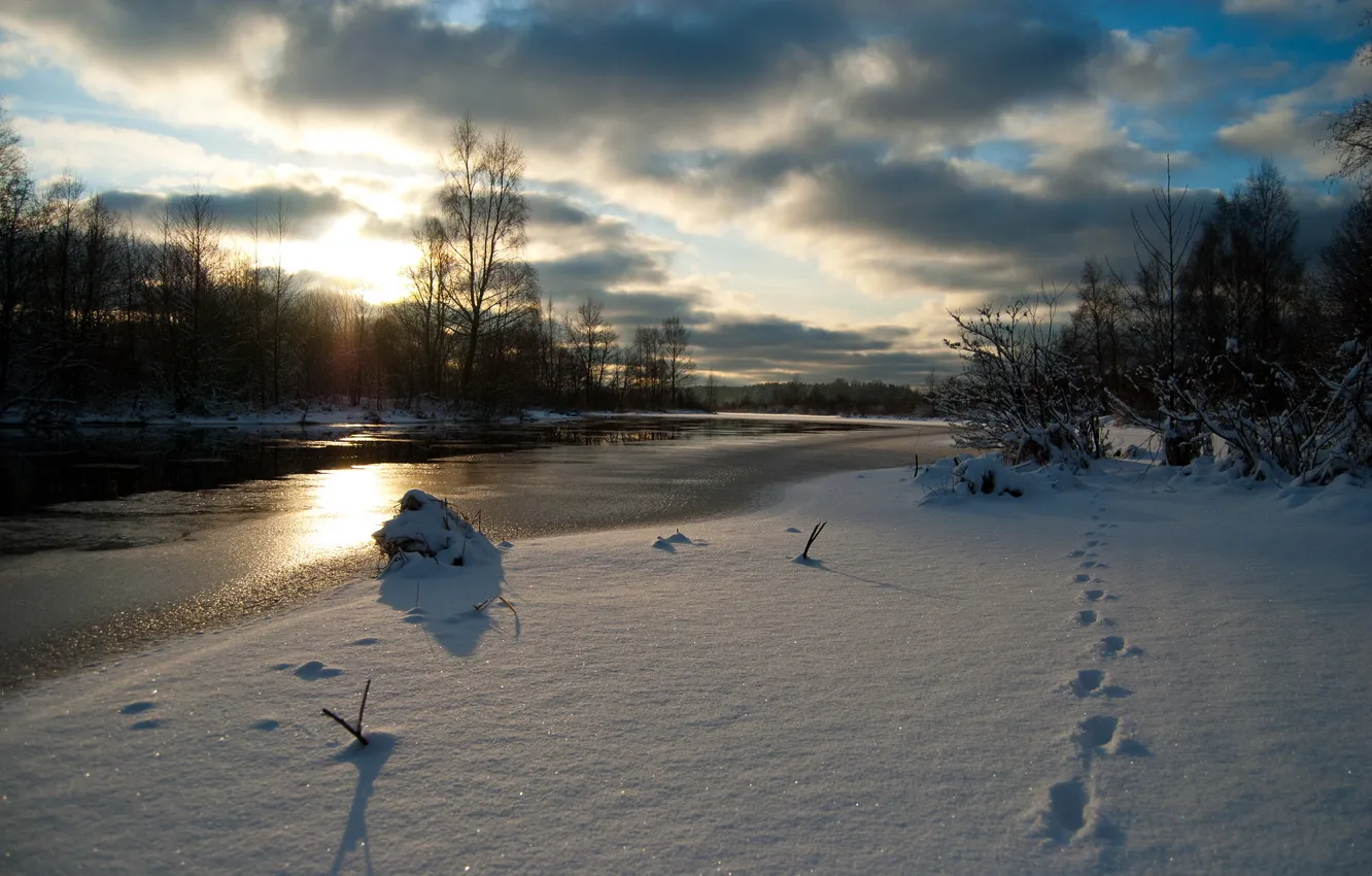 Photo wallpaper winter, the sky, snow, traces, nature, river, photo