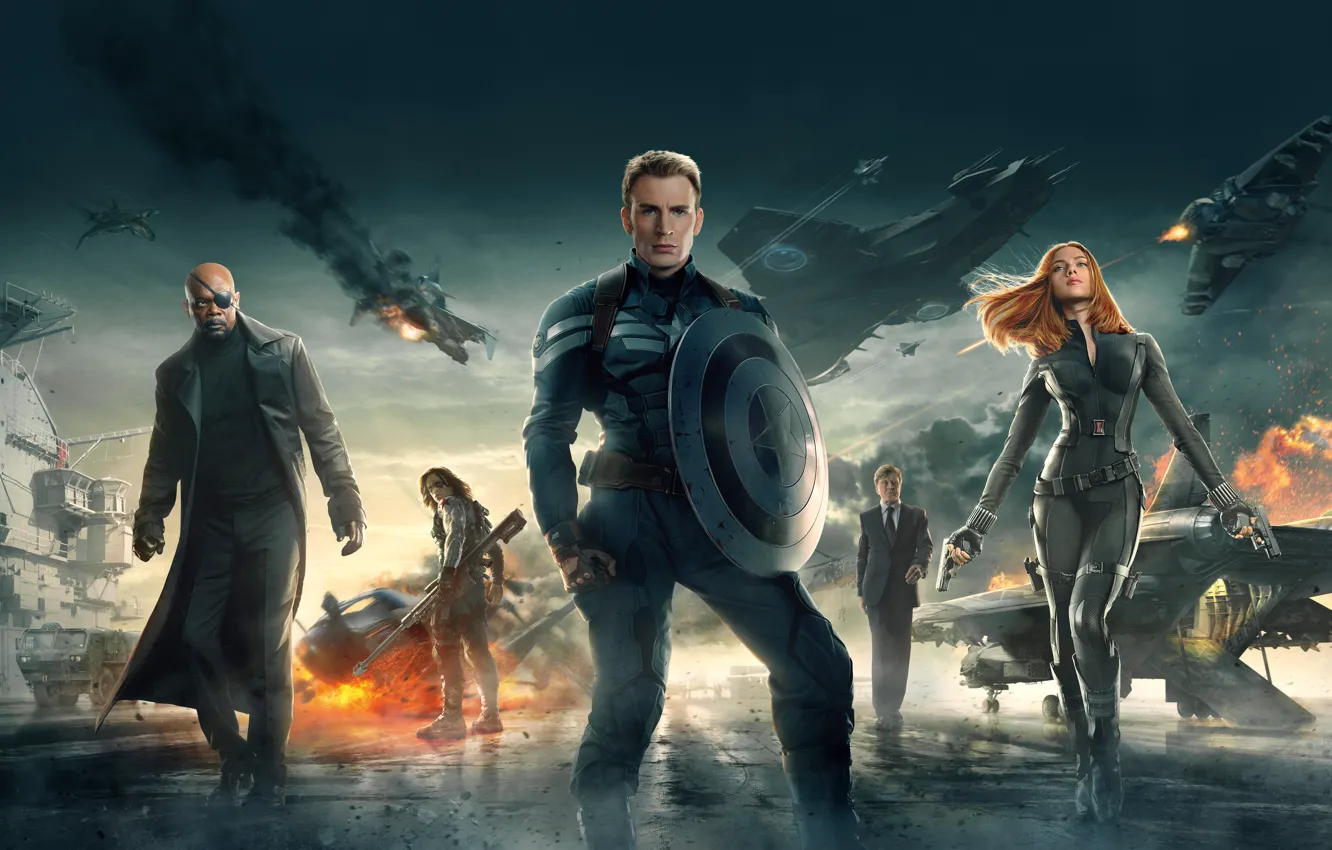 Photo wallpaper Scarlett Johansson, soldier, Marvel, Natasha Romanoff, Chris Evans, 2014, Nick Fury, Captain America The Winter …