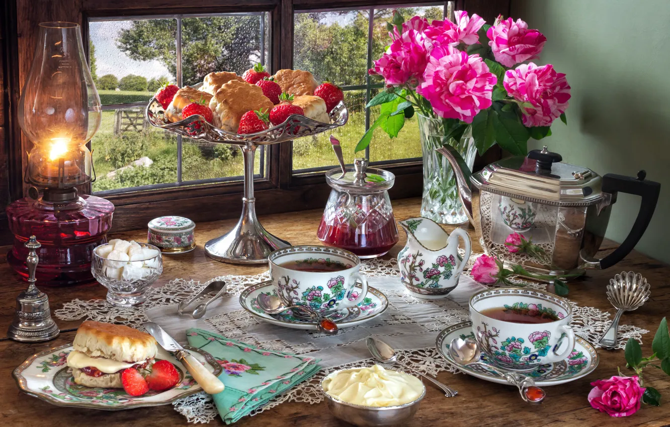 Photo wallpaper flowers, style, berries, tea, lamp, roses, kettle, window