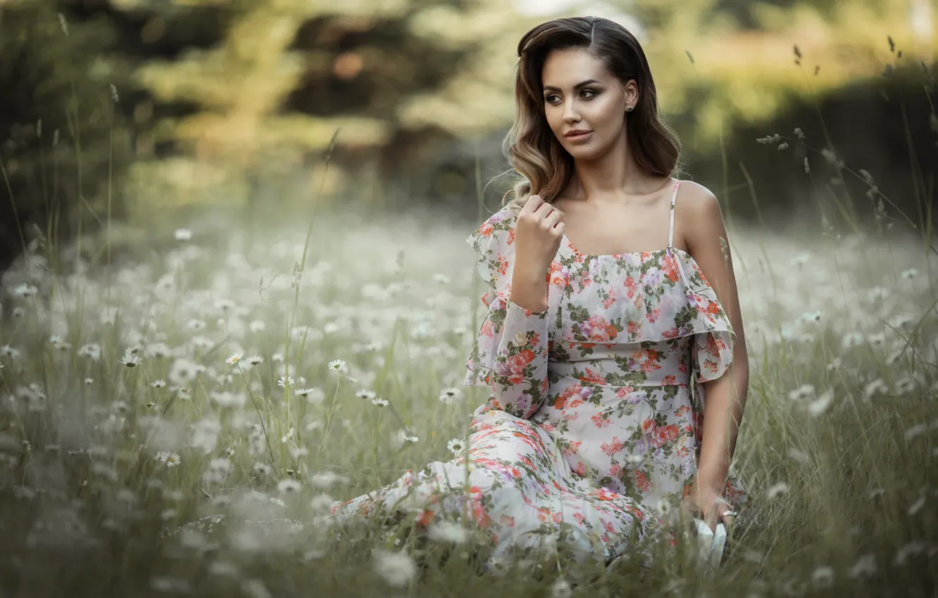 Photo wallpaper look, girl, pose, model, dress, sitting, Alina Moore