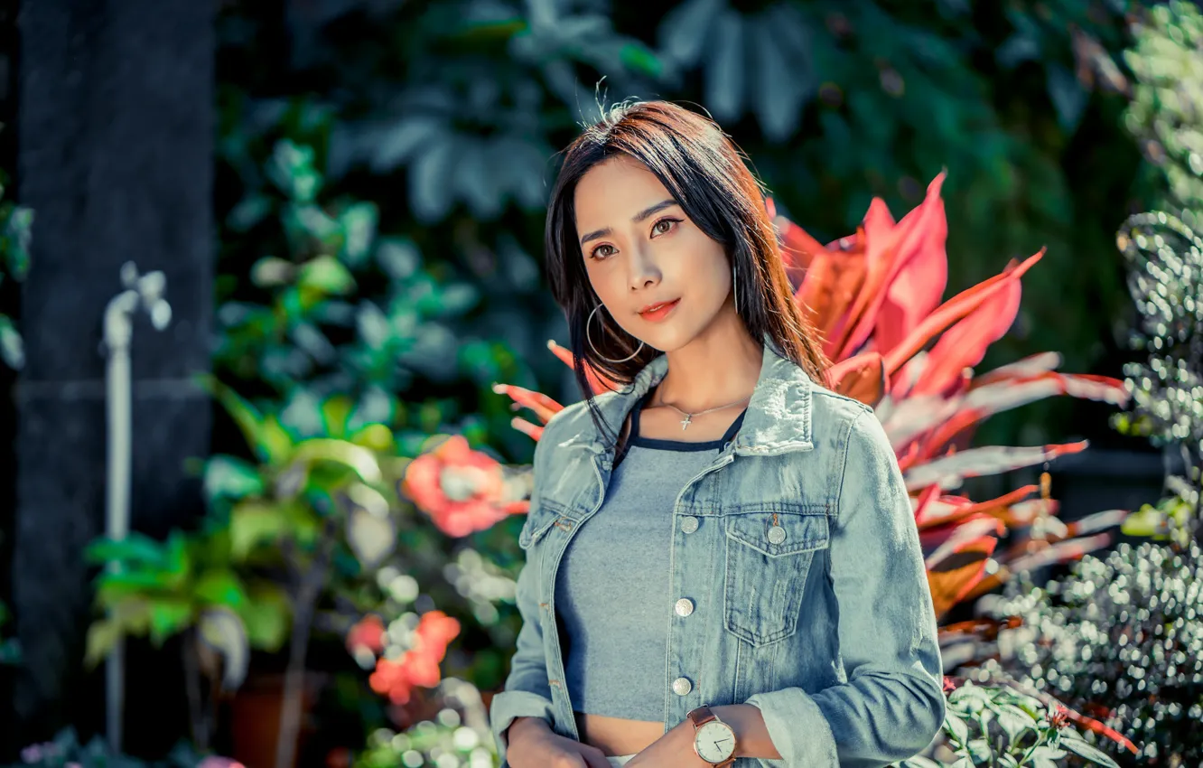 Photo wallpaper girl, hair, Asian, dzhinsovka