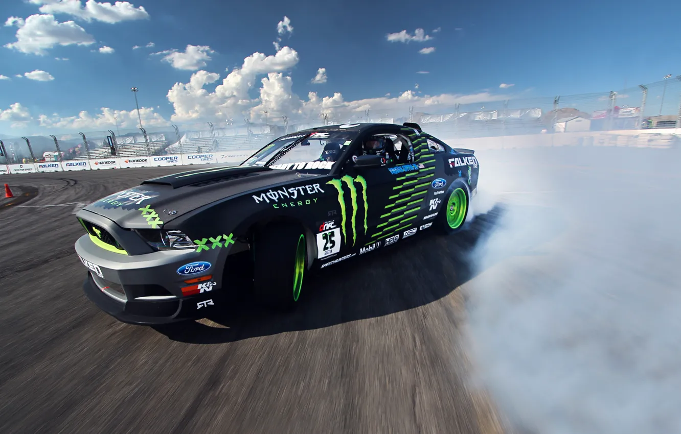 Photo wallpaper Mustang, Ford, Drift, Clouds, Smoke, Tuning, Competition, Sportcar