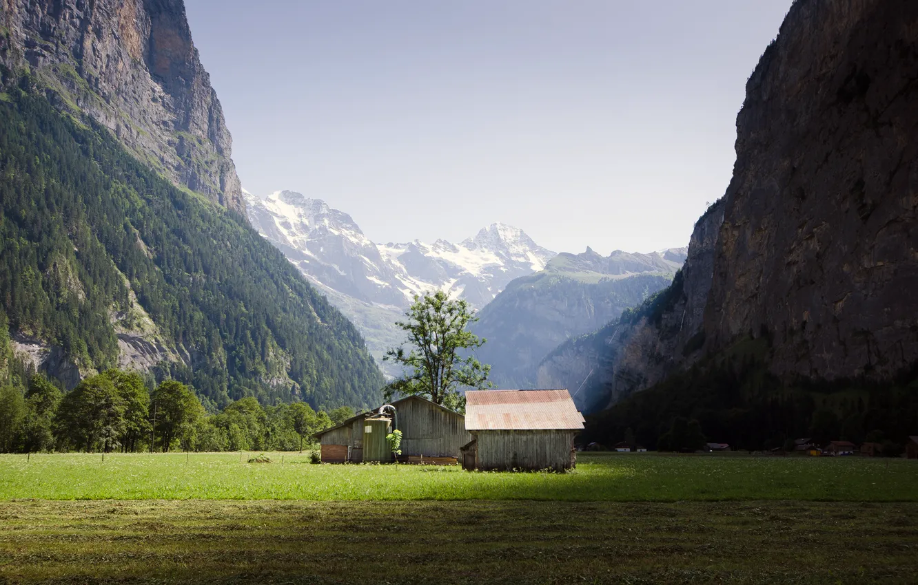 Photo wallpaper mountains, nature, hut, Switzerland, Lauterbrunnen
