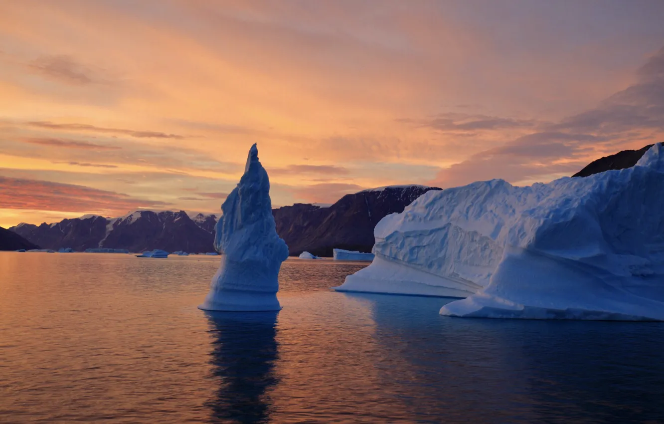 Photo wallpaper sunset, nature, the ocean, rocks, ice, ice, Greenland