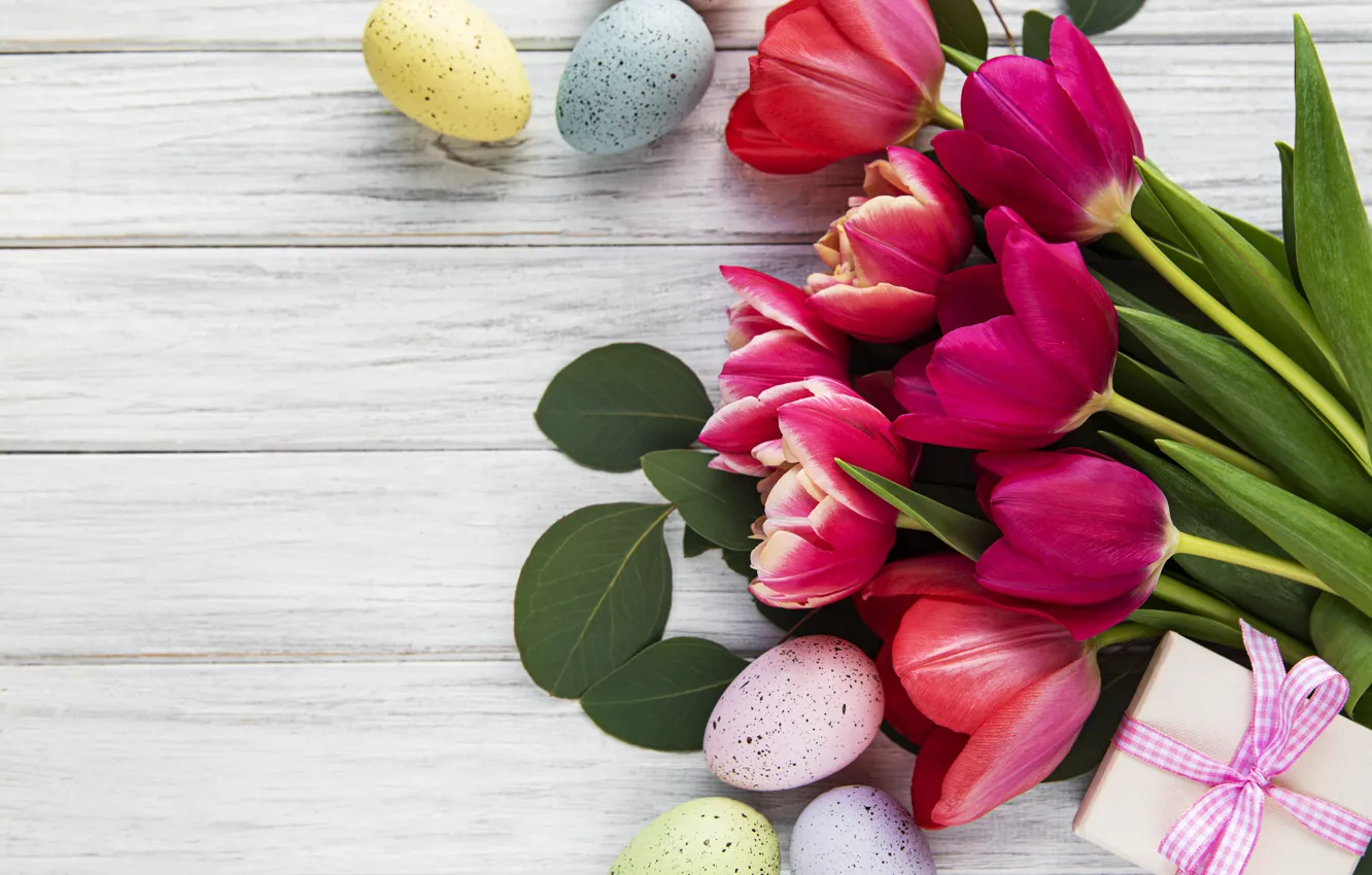Photo wallpaper flowers, eggs, spring, colorful, Easter, tulips, wood, pink