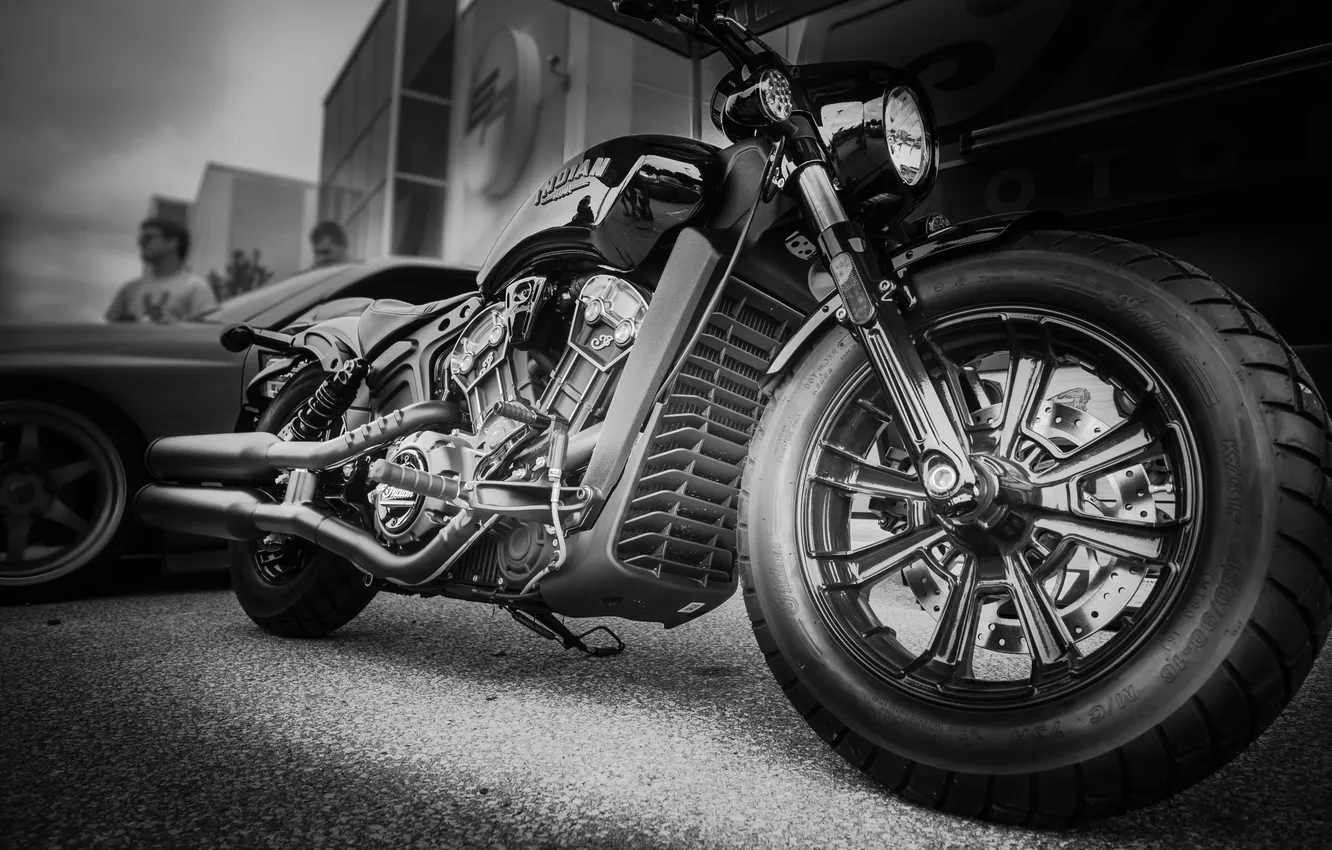 Photo wallpaper black and white, motorcycle, Intian Scout Bobber