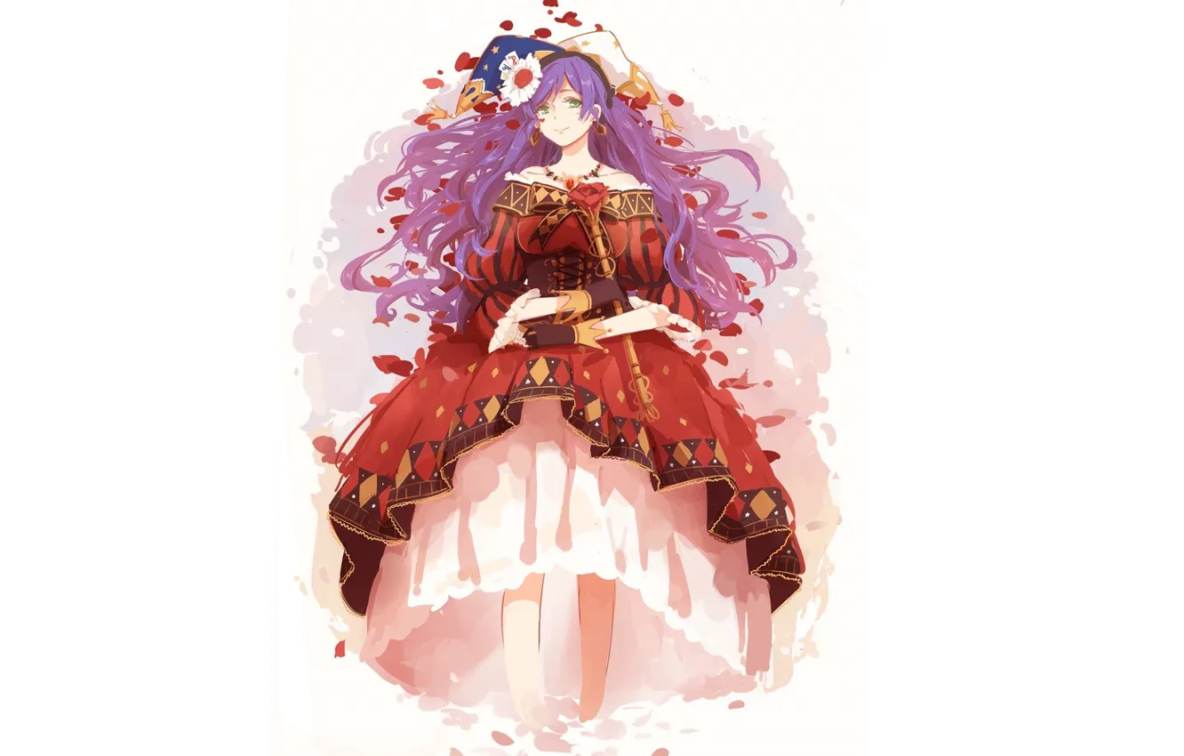 Photo wallpaper white background, red dress, rod, long hair, headdress, barefoot, love live! school idol project, the …