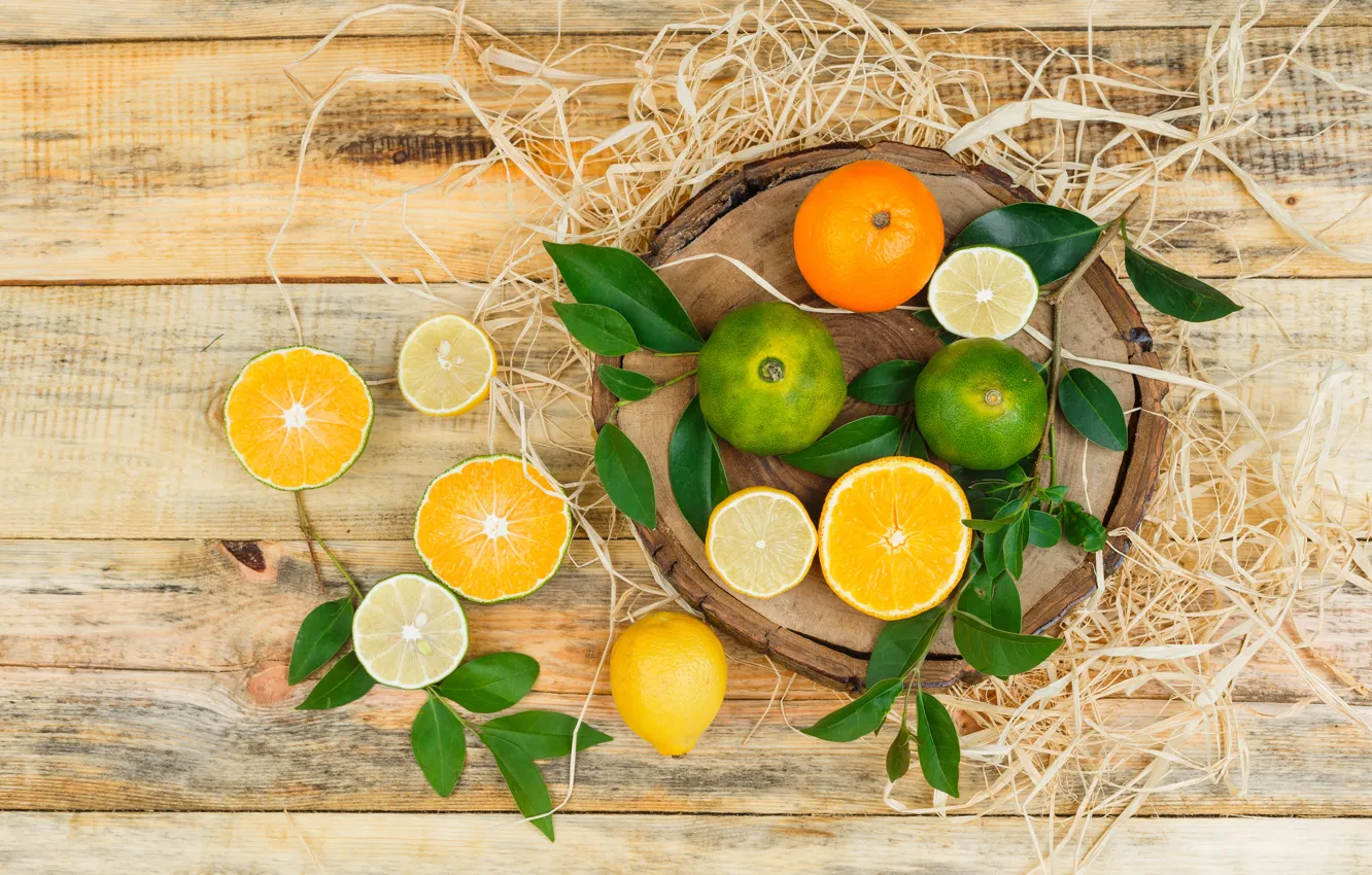 Photo wallpaper leaves, branches, lemon, Board, orange, lime, citrus, fruit