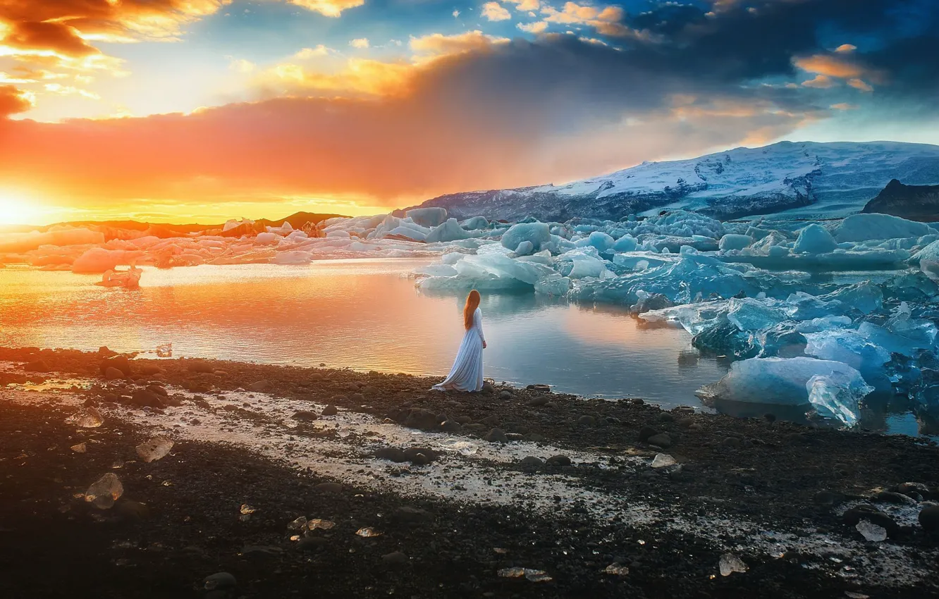 Photo wallpaper cold, ice, the sky, water, clouds, dawn, dal, dress