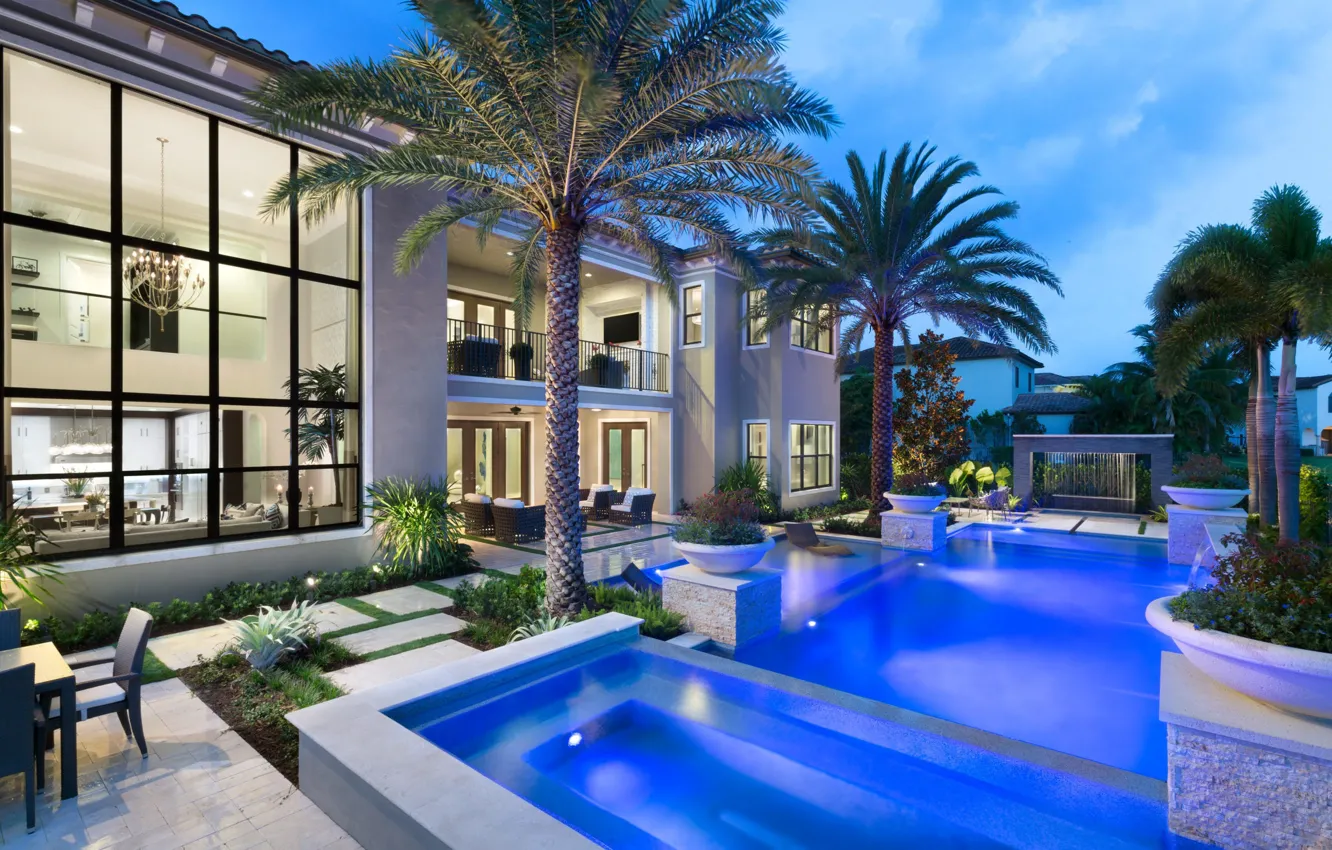 Photo wallpaper palm trees, Villa, the evening, pool, lighting, architecture, twilight, terrace