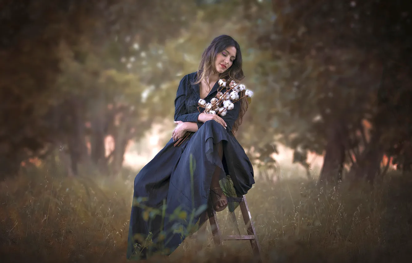 Photo wallpaper girl, bouquet, garden, dress, bokeh