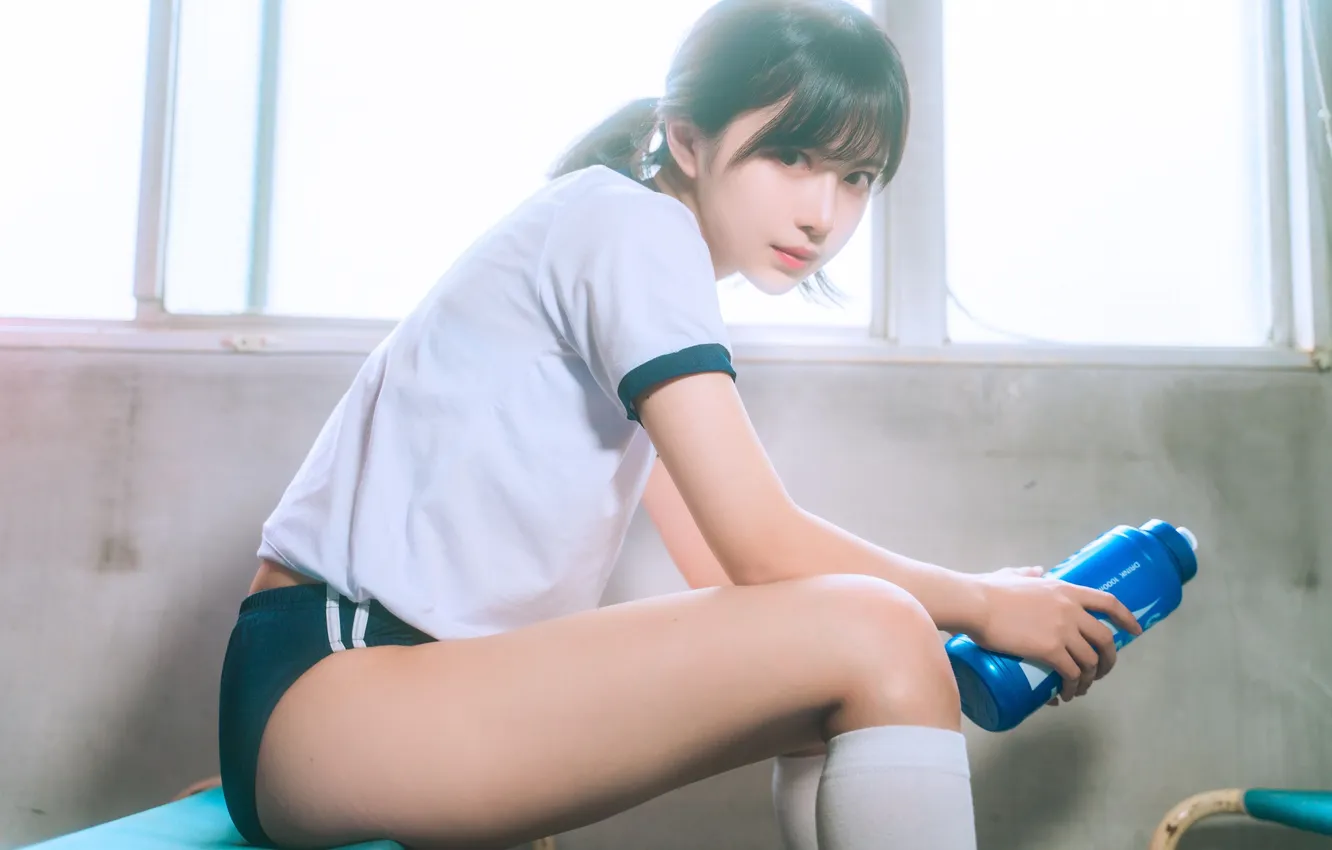 Photo wallpaper model, women, cosplay, asian, sitting, black hair, side view, buruma