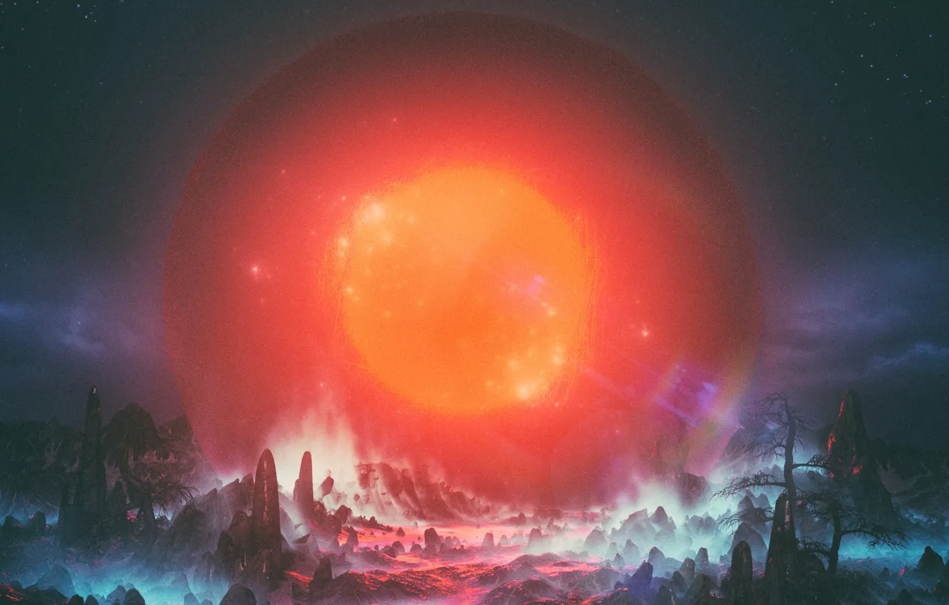 Photo wallpaper fog, style, rendering, fiction, rocks, balls, graphics, art