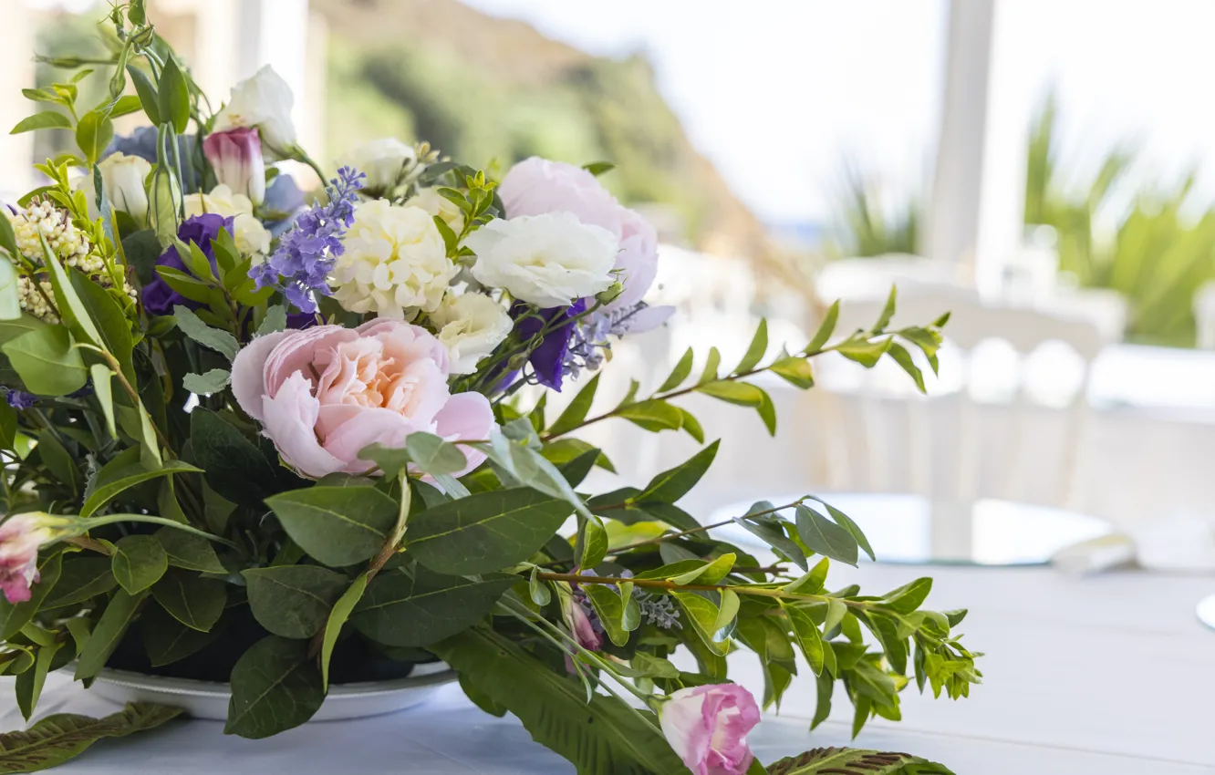 Photo wallpaper flowers, bouquet, lilac, composition, white, bokeh, leaves, peonies