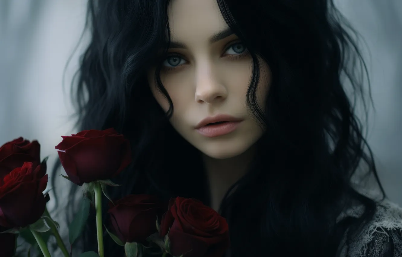 Photo wallpaper sadness, look, girl, flowers, red, face, portrait, roses