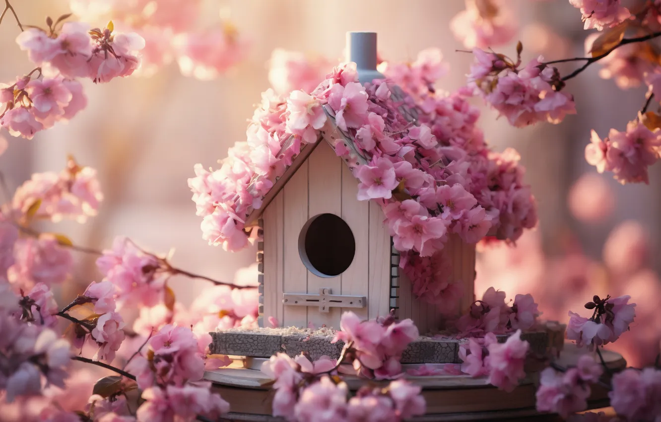 Photo wallpaper flowers, spring, birdhouse, flowering, pink, blossom, flowers, spring