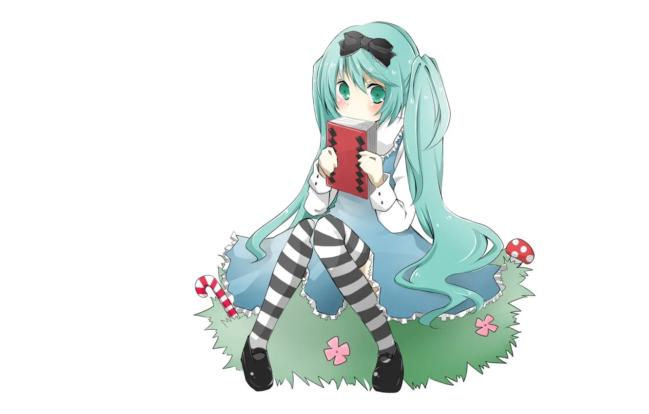 Photo wallpaper mushroom, white background, book, bow, Hatsune Miku, Vocaloid, long hair, striped stockings