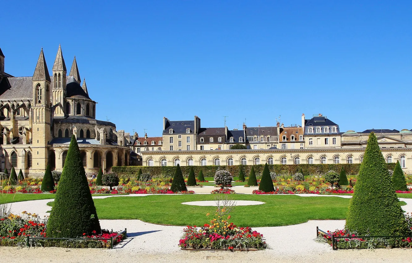Photo wallpaper trees, flowers, Park, France, Church, architecture, the monastery, France