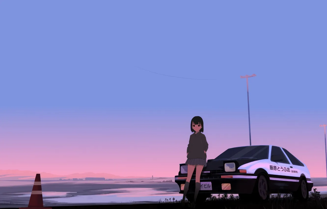 Photo wallpaper Anime, serenity, sky blue, car and girl, calmness, Initial D