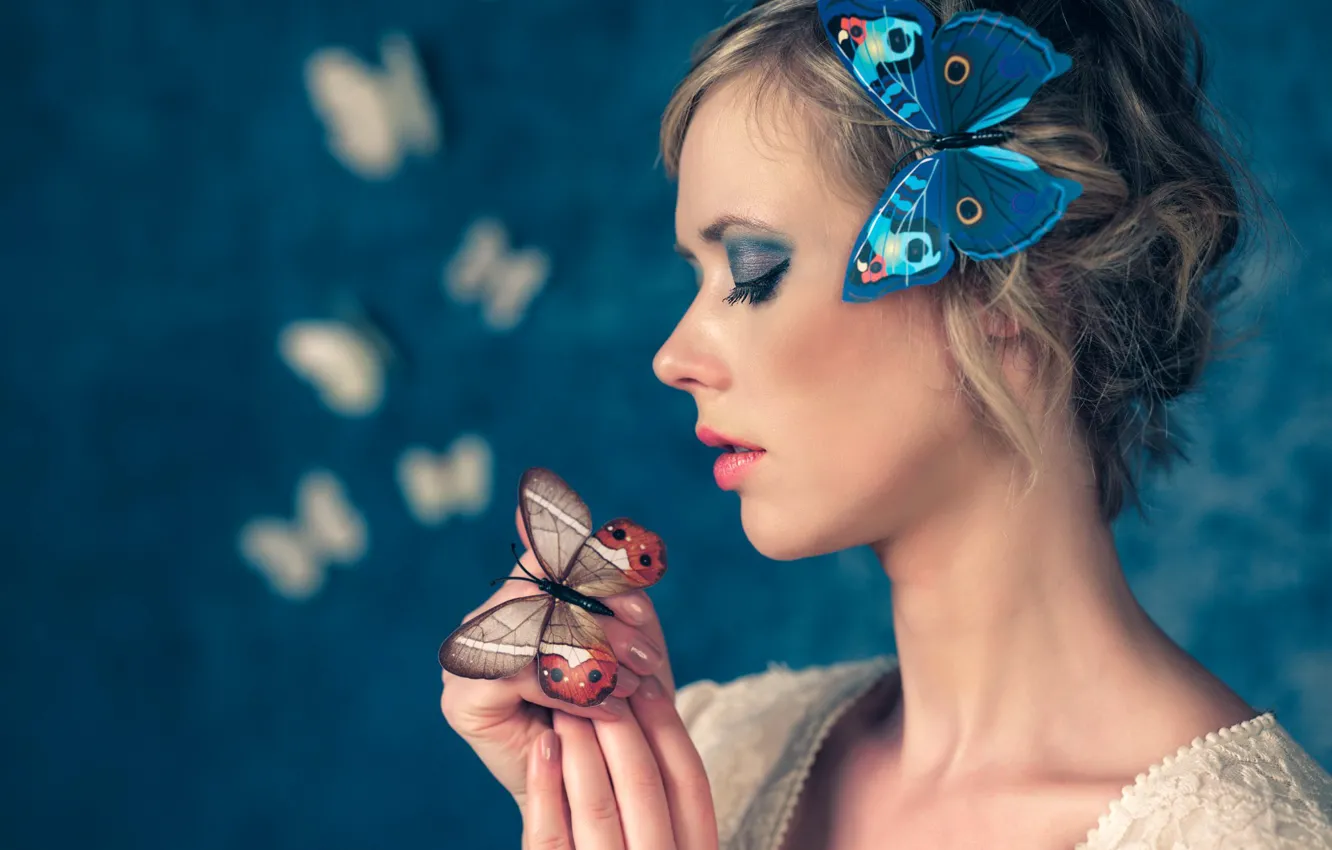 Photo wallpaper girl, butterfly, face, style, mood, makeup, profile, Antonio Girlando