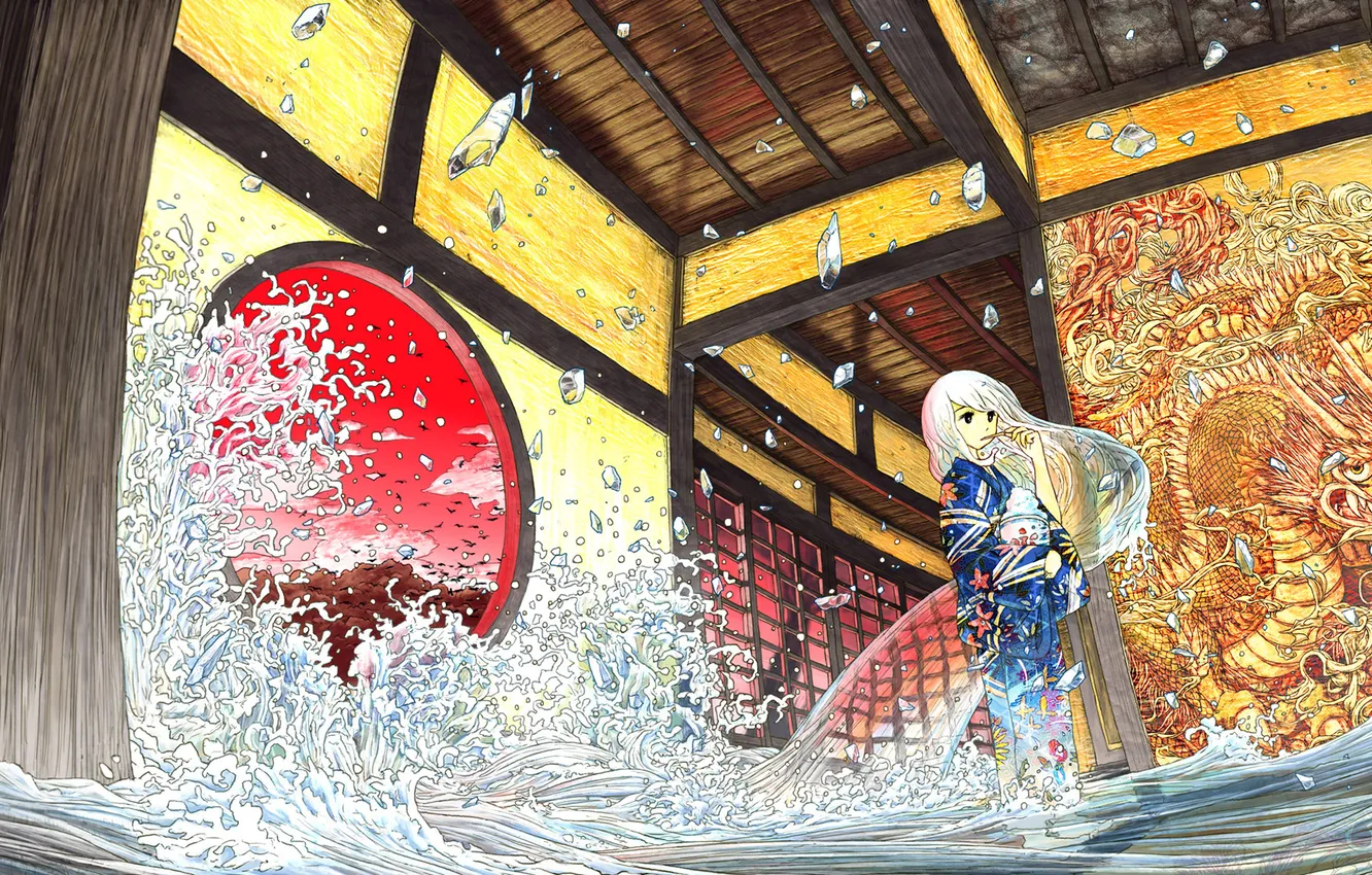 Photo wallpaper water, house, dragon, anime, art, drawings, girl, sumashi