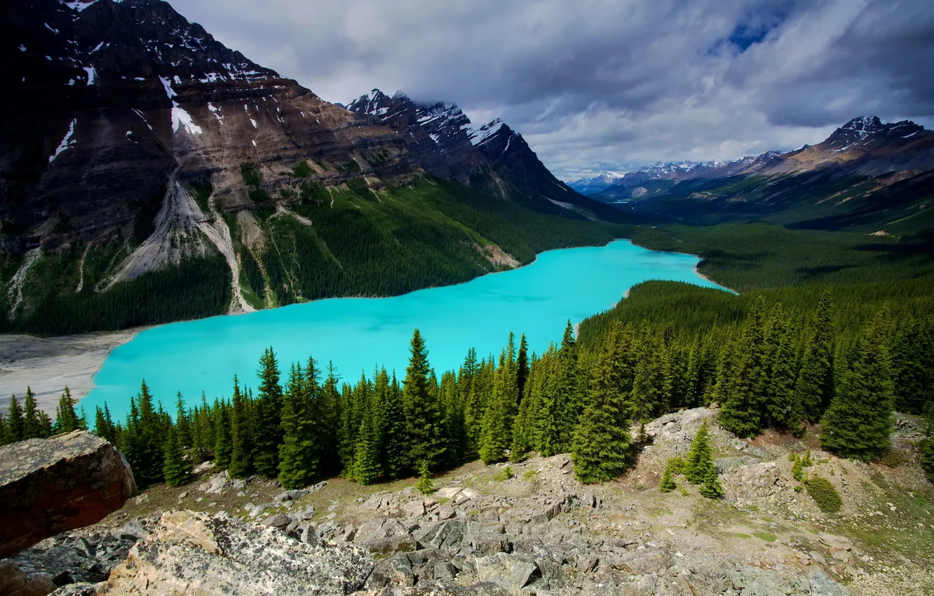 Photo wallpaper forest, clouds, mountains, lake, rocks, Canada, Alberta, nature.