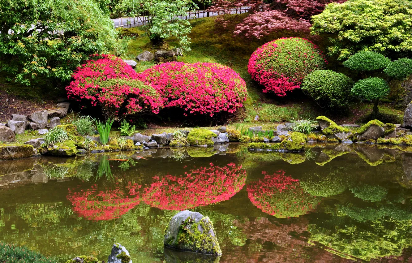 Photo wallpaper grass, flowers, pond, stones, garden, track, USA, the bushes