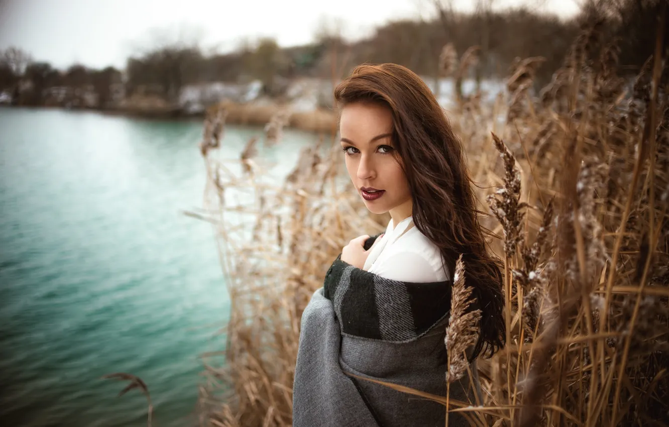 Photo wallpaper light, girl, black, eyes, beautiful, winter, lake, model
