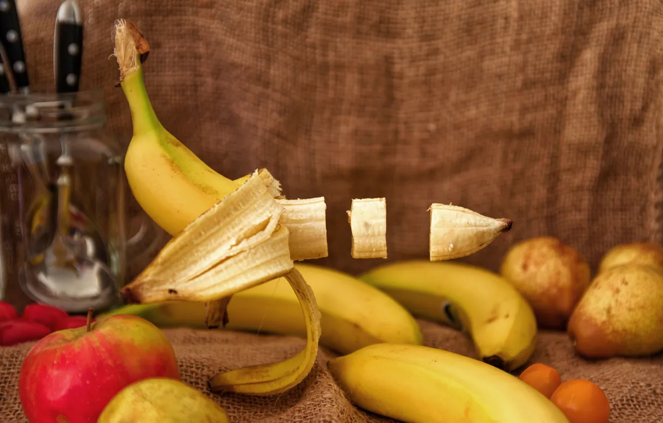 Photo wallpaper apples, bananas, Bank, fruit, still life, banana, pear, burlap
