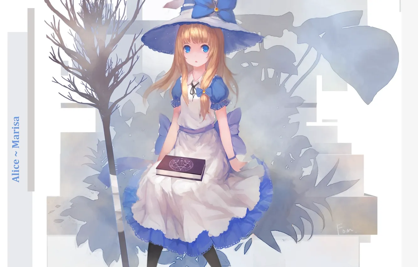 Photo wallpaper broom, blue eyes, alice, alice in wonderland, blue dress, witch hat, witch, a magical artifact
