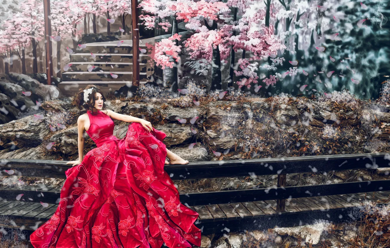 Photo wallpaper girl, mood, photoshop, petals, Sakura, Asian, red dress