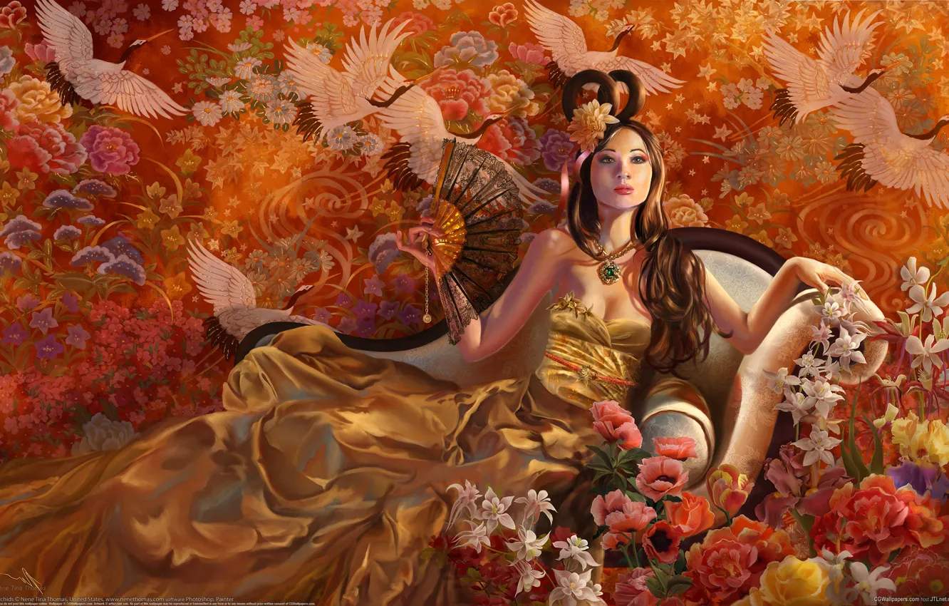 Photo wallpaper girl, flowers, birds, sofa, dress