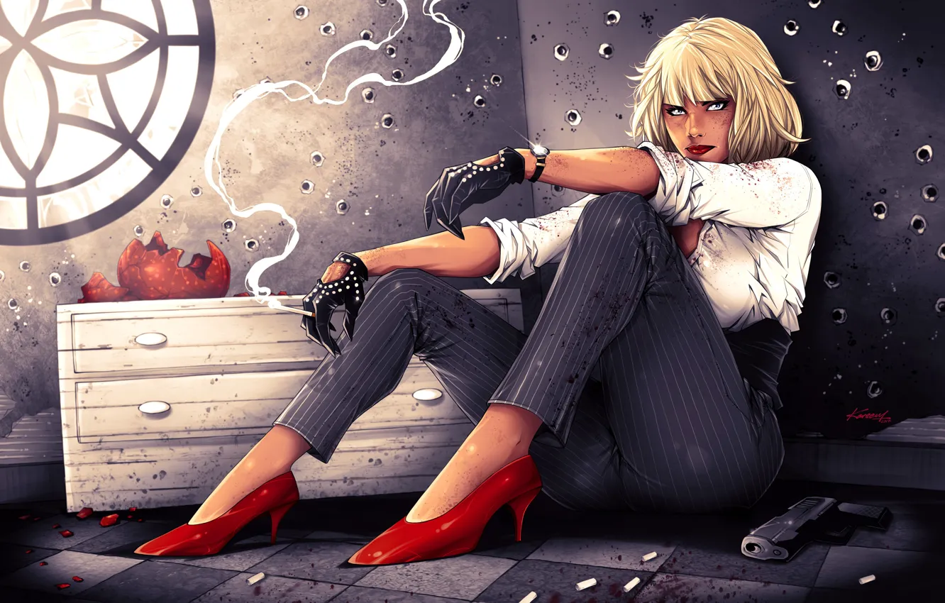 Photo wallpaper girl, sitting, Explosive blonde, bullet holes