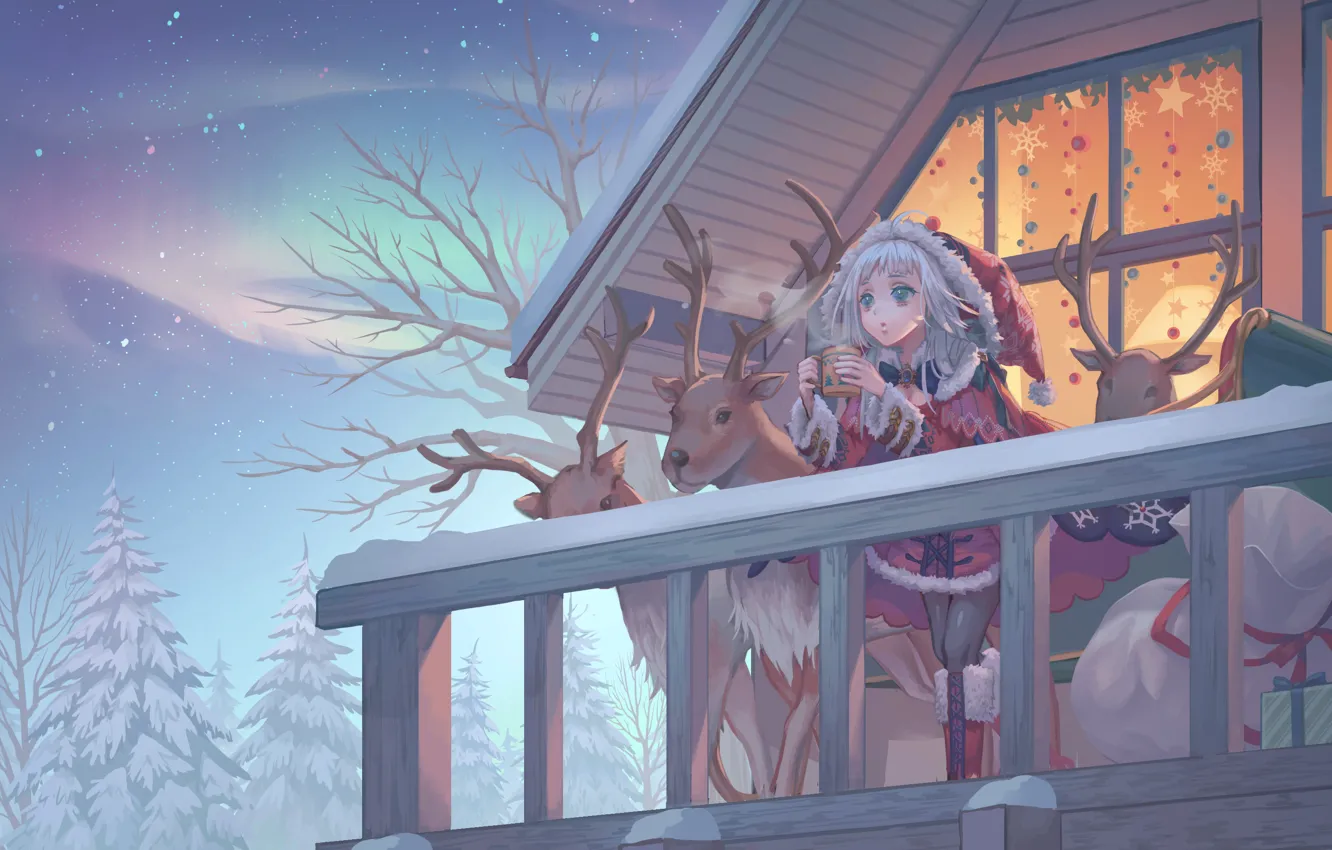 Photo wallpaper new year, home, deer, Christmas, balcony