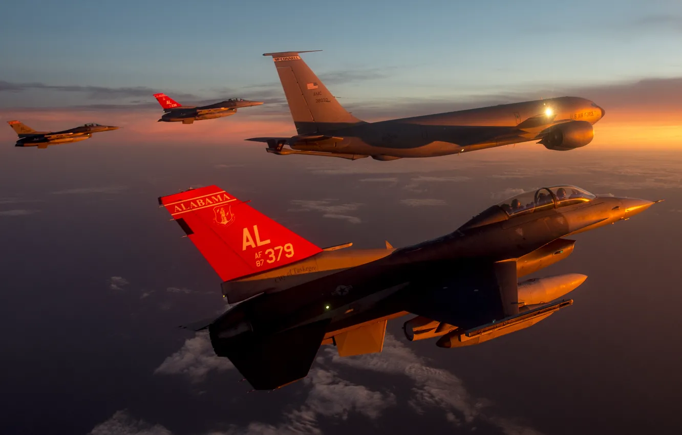 Photo wallpaper the sky, clouds, flight, fighter, F-16, Fighting Falcon, multipurpose, "Fighting Falcon"