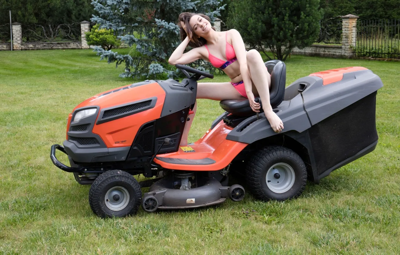 Photo wallpaper girl, in the Garden, Lawn Mower