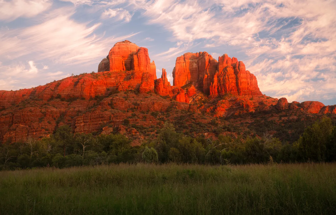 Photo wallpaper field, the sky, clouds, light, trees, mountains, red, rocks
