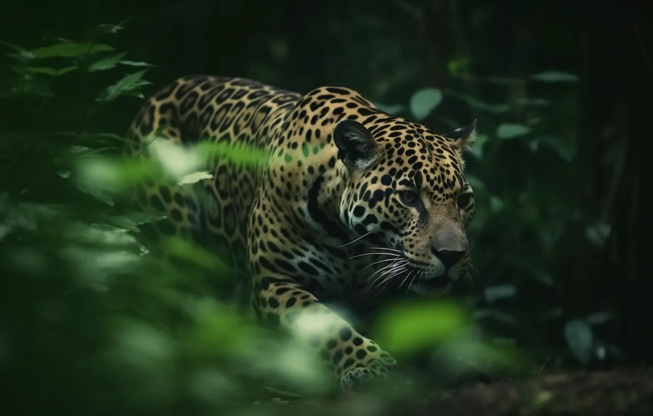 Photo wallpaper Look, Jaguar, Predator, Jungle, Digital art, Big cat, Spotted, AI art