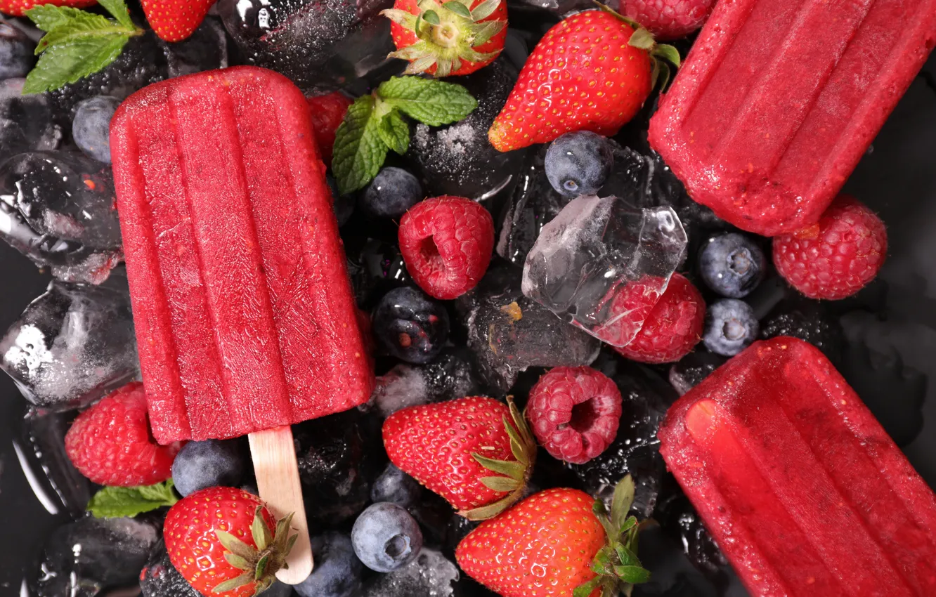 Photo wallpaper ice, berries, raspberry, blueberries, strawberry, ice cream, ice, sweet