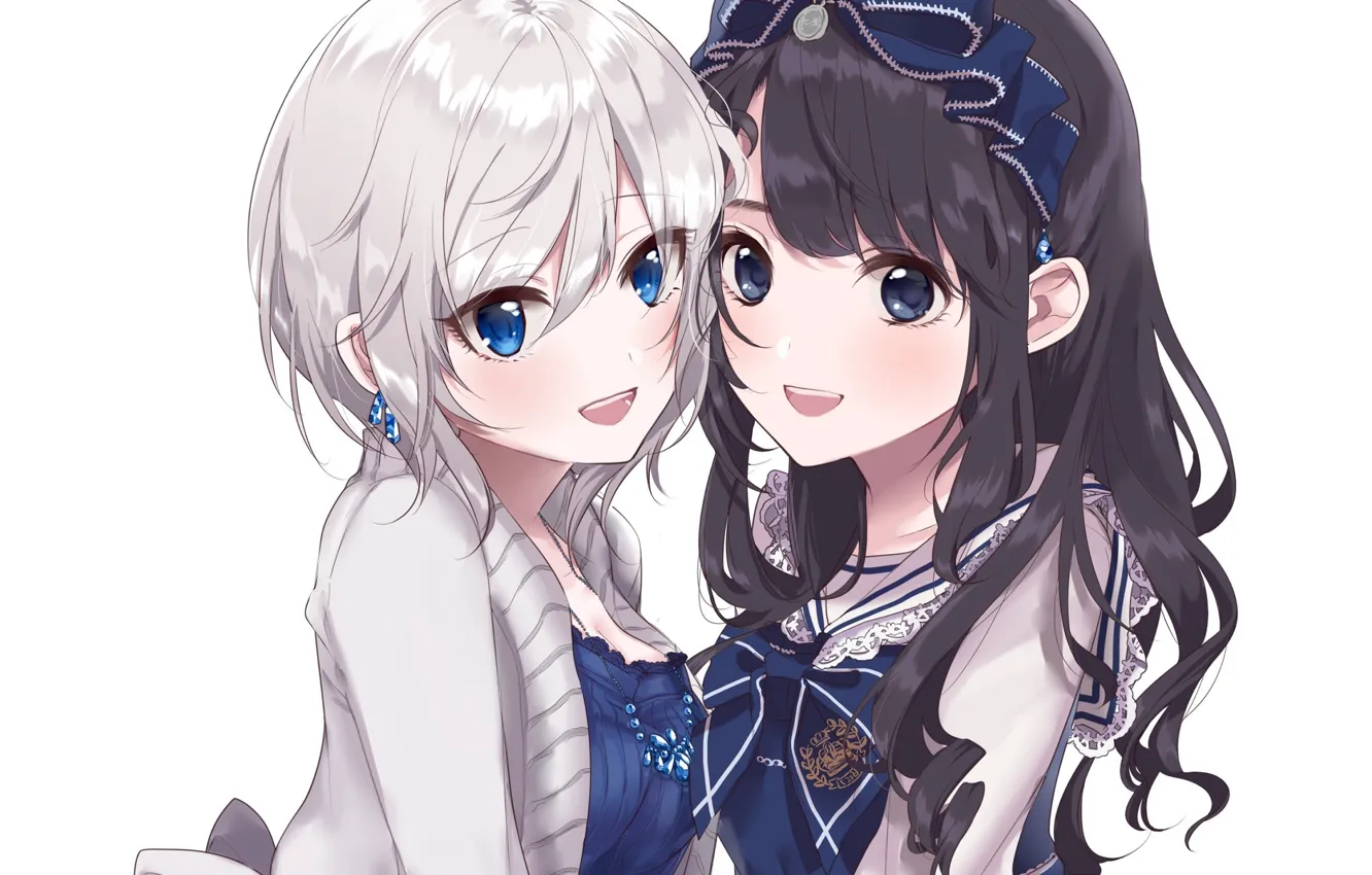 Photo wallpaper smile, girl, white background, jacket, bow, long hair, friend, bangs