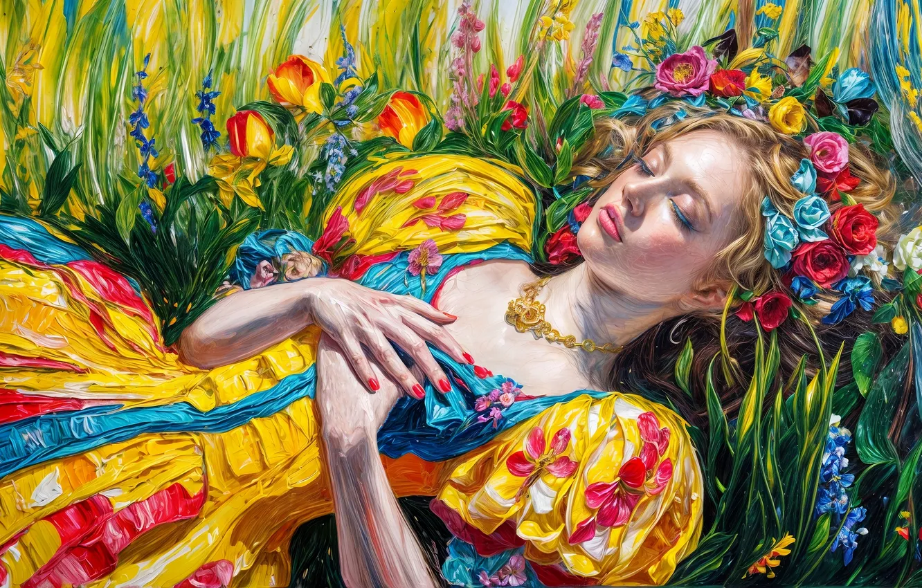 Photo wallpaper summer, grass, girl, light, flowers, sleep, hands, meadow